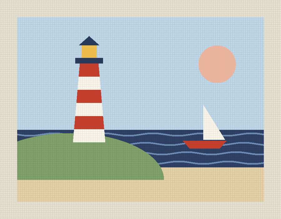 A painted needlepoint canvas: a red and white lighthouse on a green headland, with a sailboat, sea, sun, and sandy beach